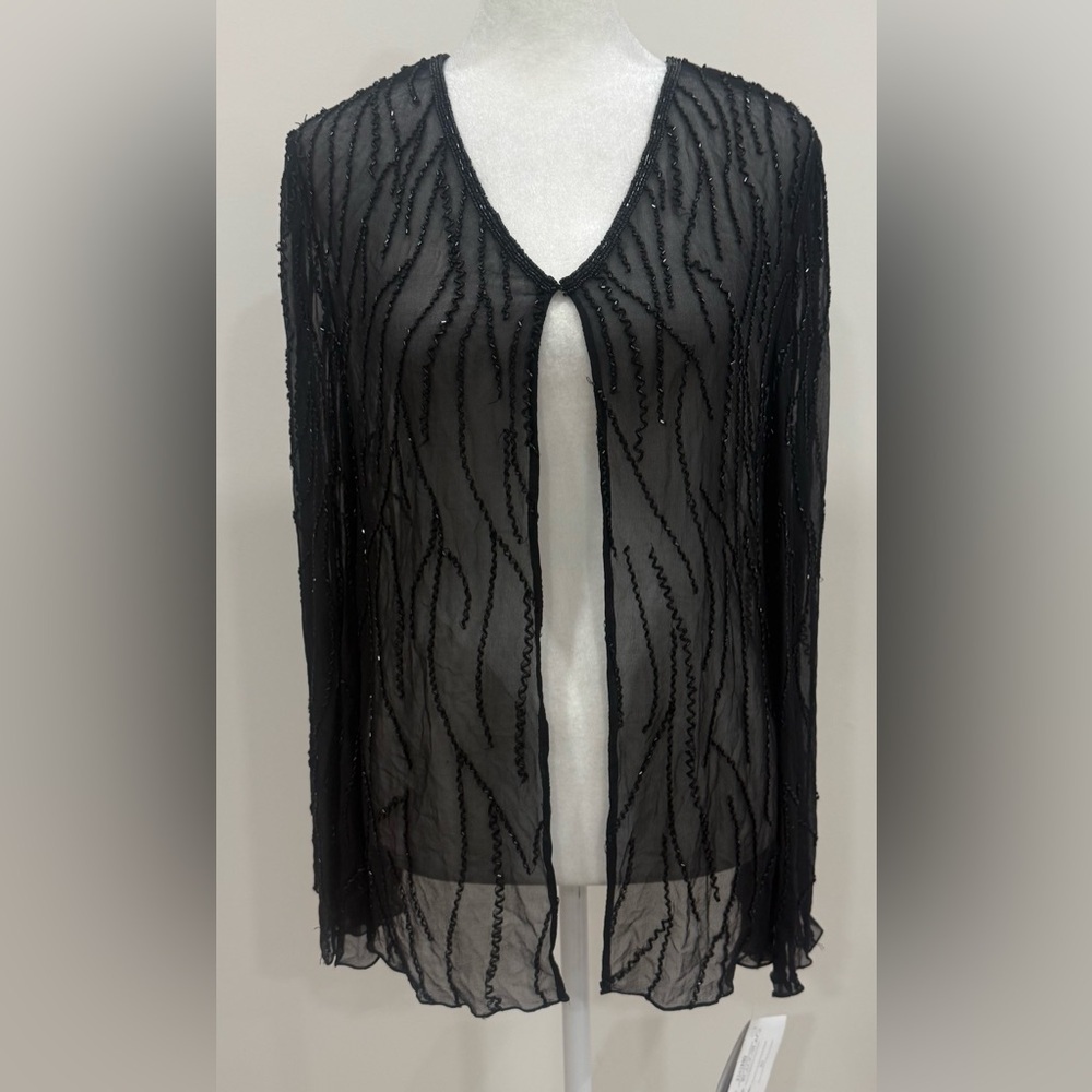 NWT Laurence Kazar Women’s Black 100% Silk Beaded Open Front Cardigan  Size 10